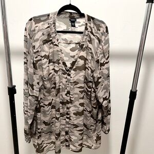 Camoflage blouse from Torrid size 5. This is a light weight sheer blouse.